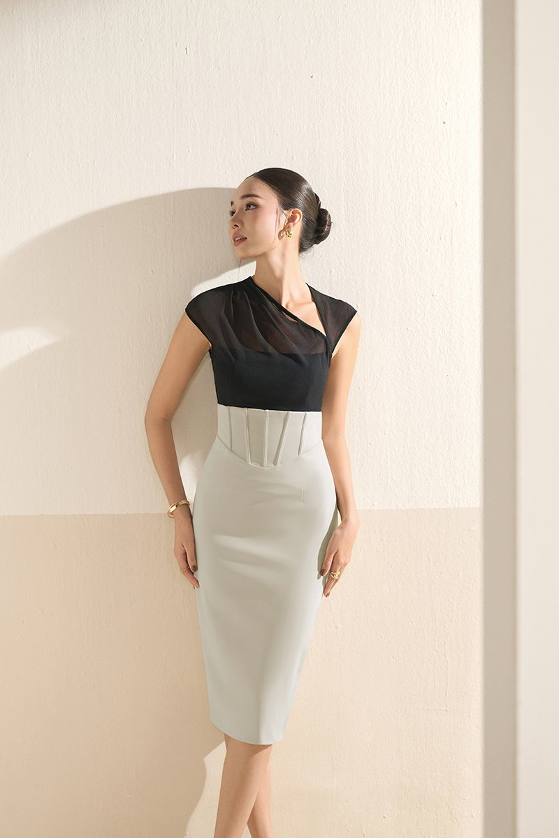 Ione Corset High Waist Pencil Skirt in Greige