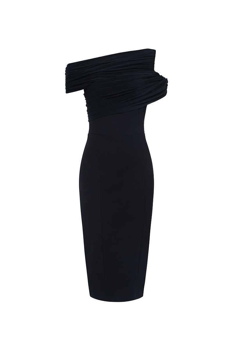 Odelia Padded Asymmetrical Drape Pencil Dress in Classic Black