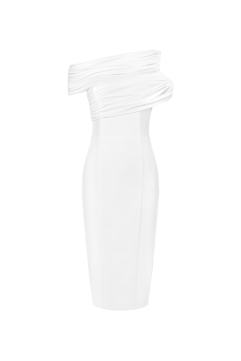 Odelia Padded Asymmetrical Drape Pencil Dress in Iconic White