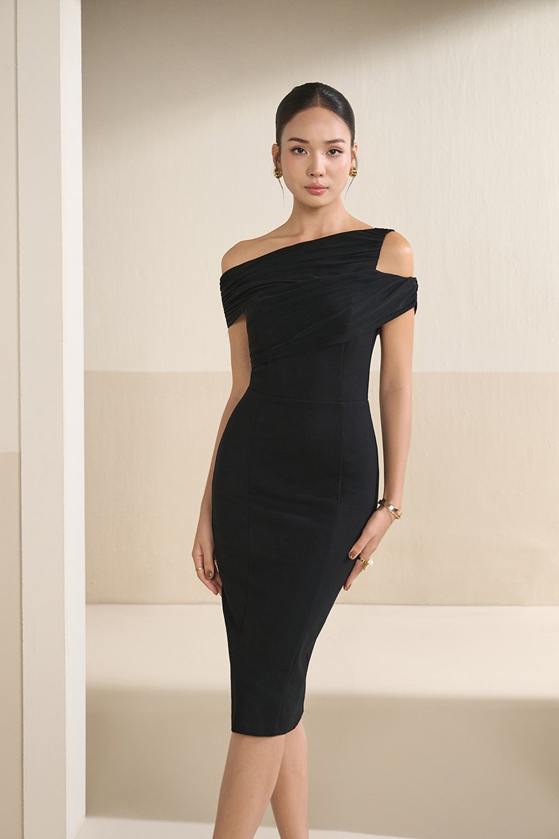 Odelia Padded Asymmetrical Drape Pencil Dress in Classic Black