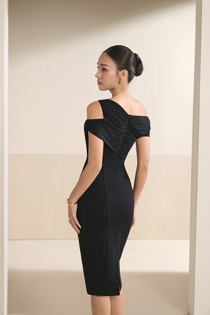 Odelia Padded Asymmetrical Drape Pencil Dress in Classic Black