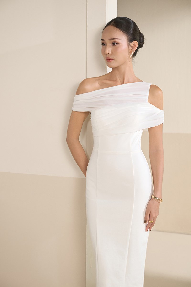 Odelia Padded Asymmetrical Drape Pencil Dress in Iconic White