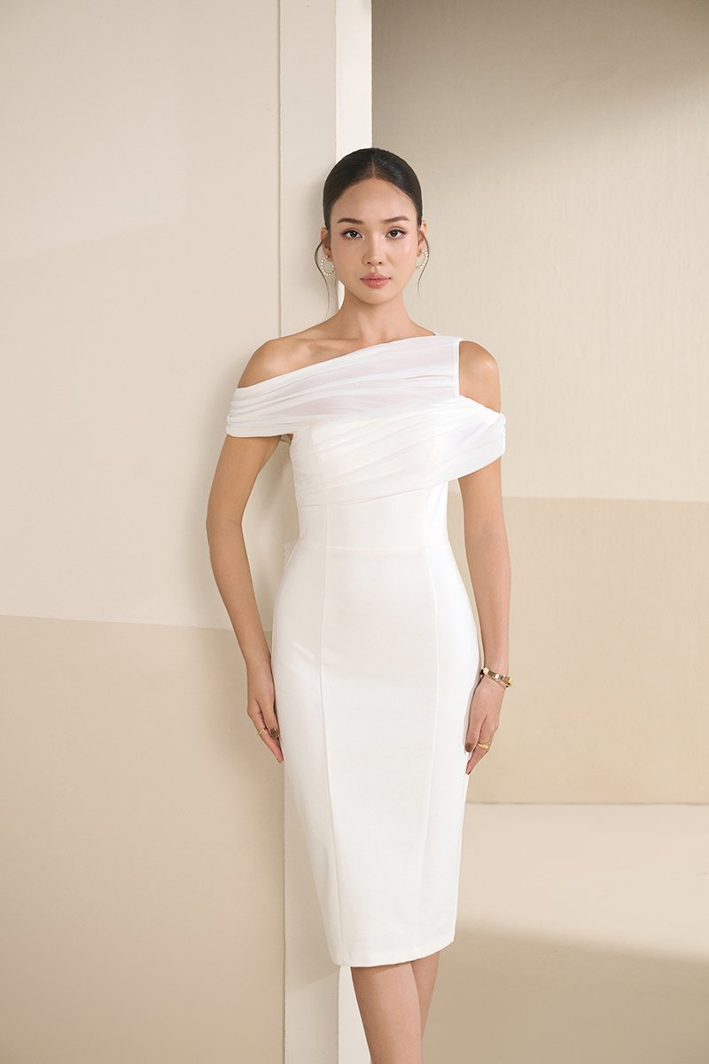 Odelia Padded Asymmetrical Drape Pencil Dress in Iconic White
