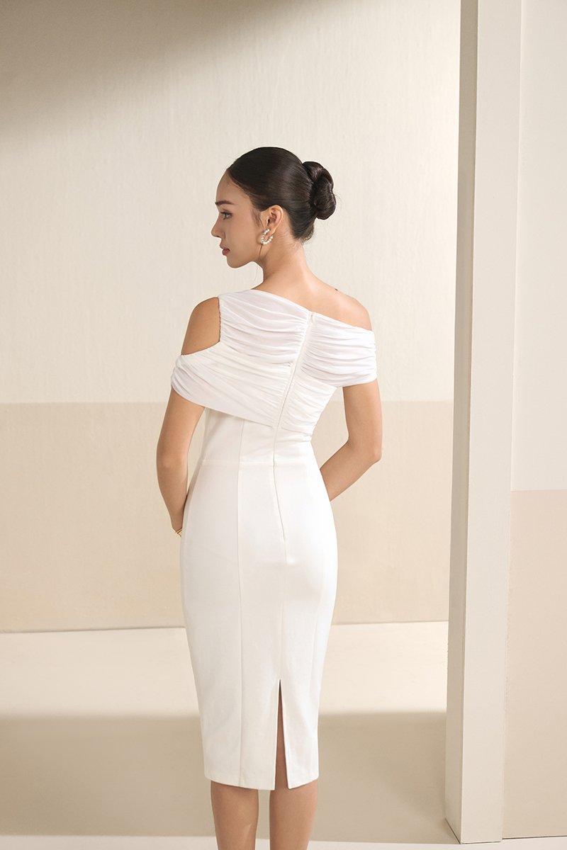 Odelia Padded Asymmetrical Drape Pencil Dress in Iconic White