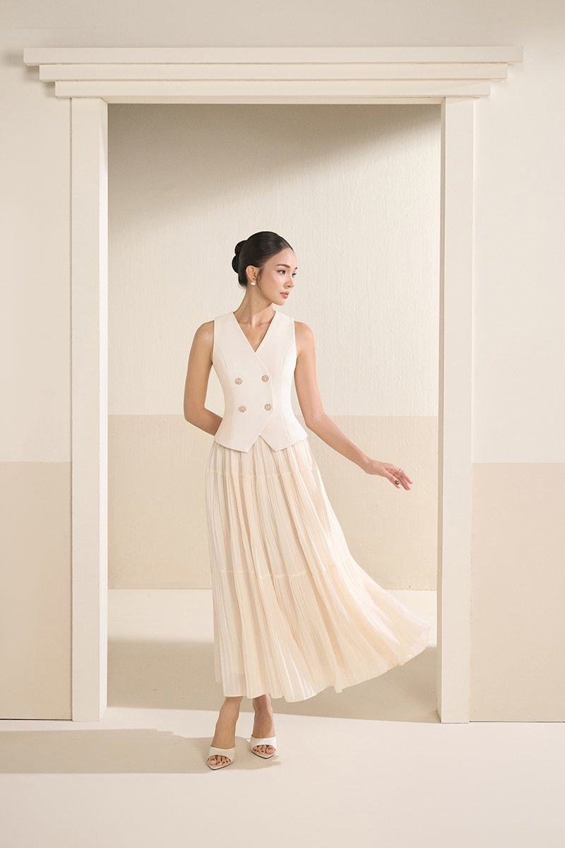 Paige V-Neck Midi Dress in Chantilly Cream