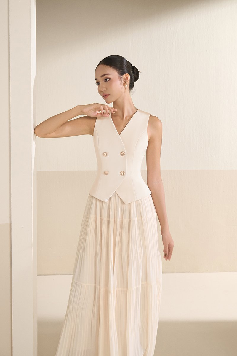 Paige V-Neck Midi Dress in Chantilly Cream