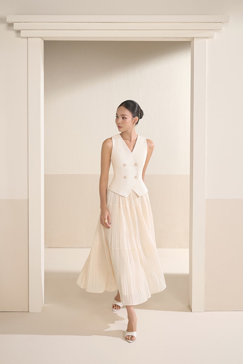 Paige V-Neck Midi Dress in Chantilly Cream