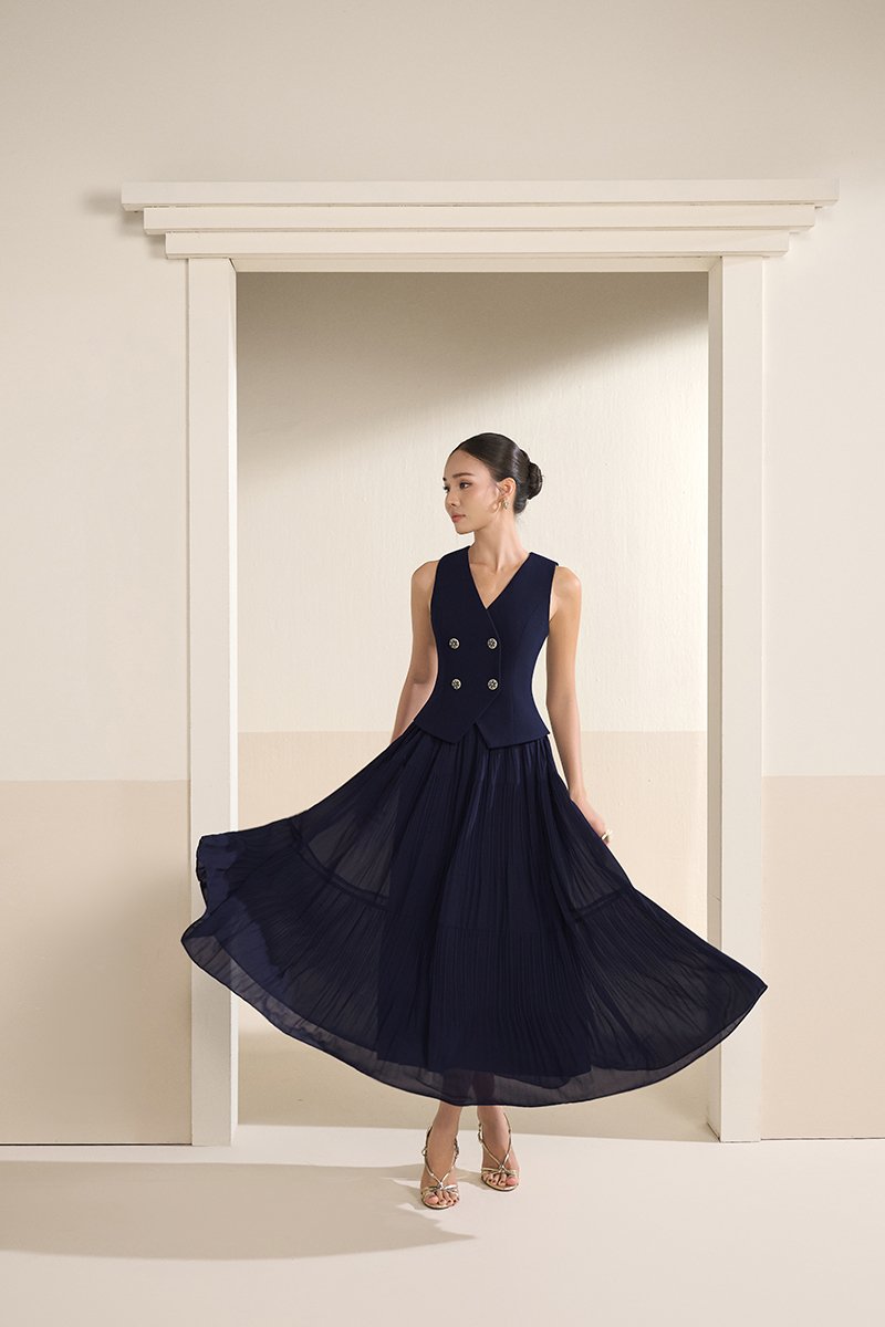 Paige V-Neck Midi Dress in Navy