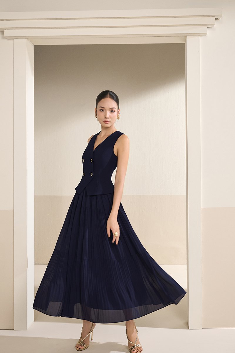 Paige V-Neck Midi Dress in Navy