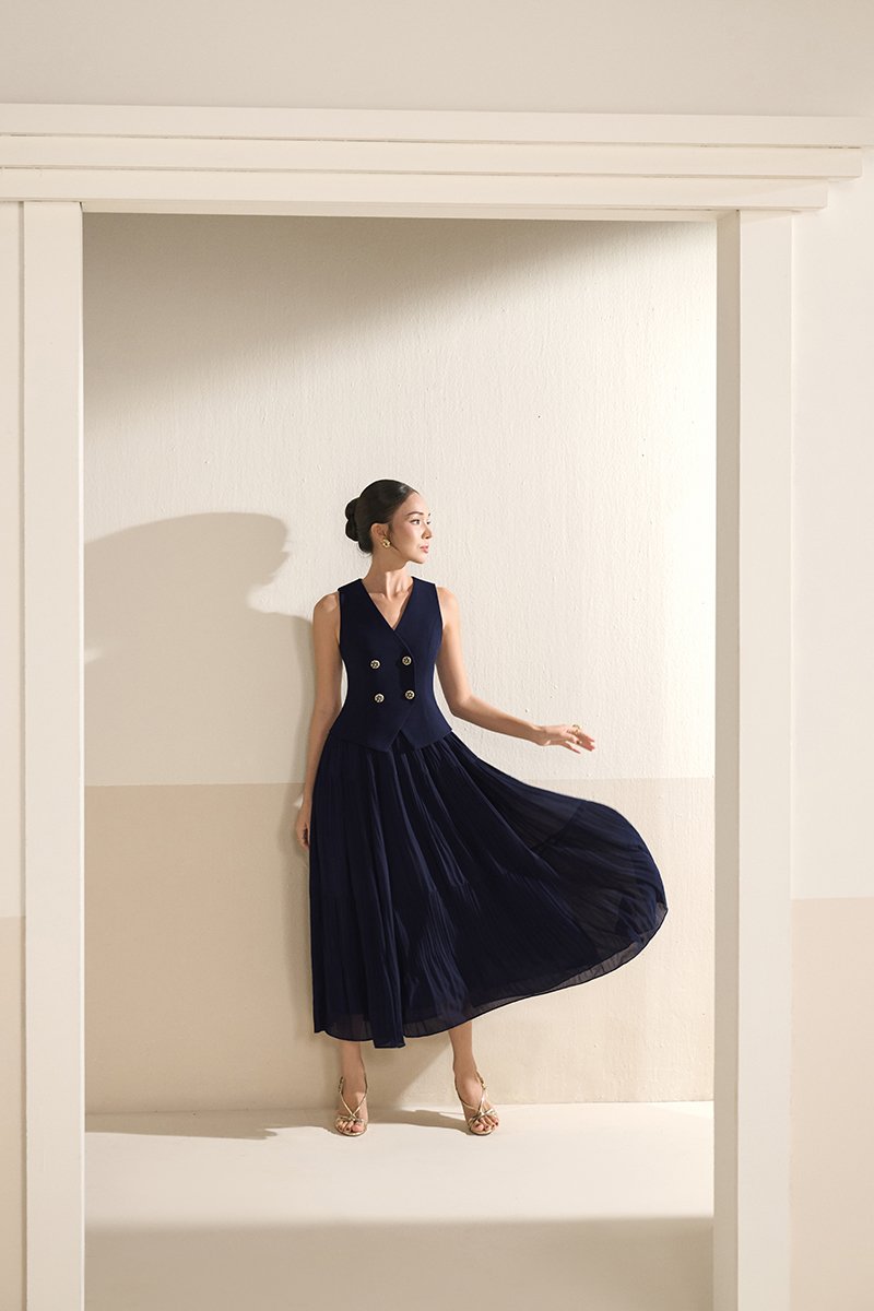 Paige V-Neck Midi Dress in Navy