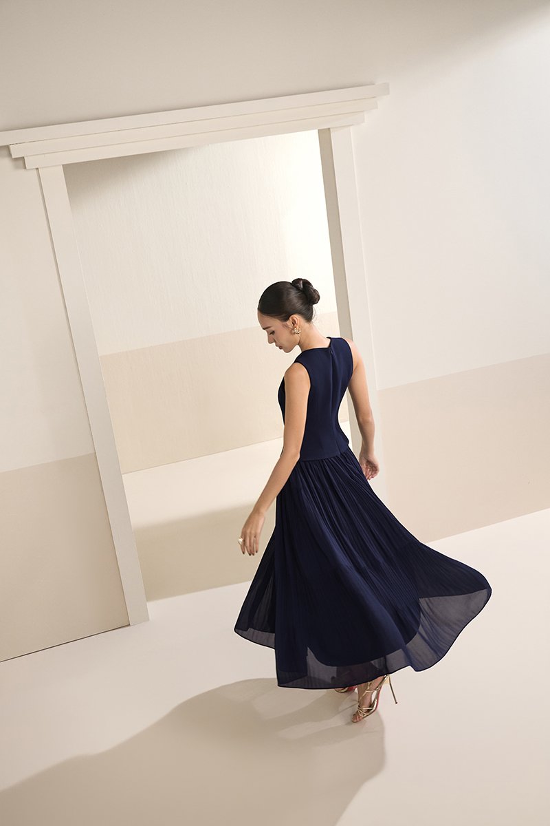 Paige V-Neck Midi Dress in Navy