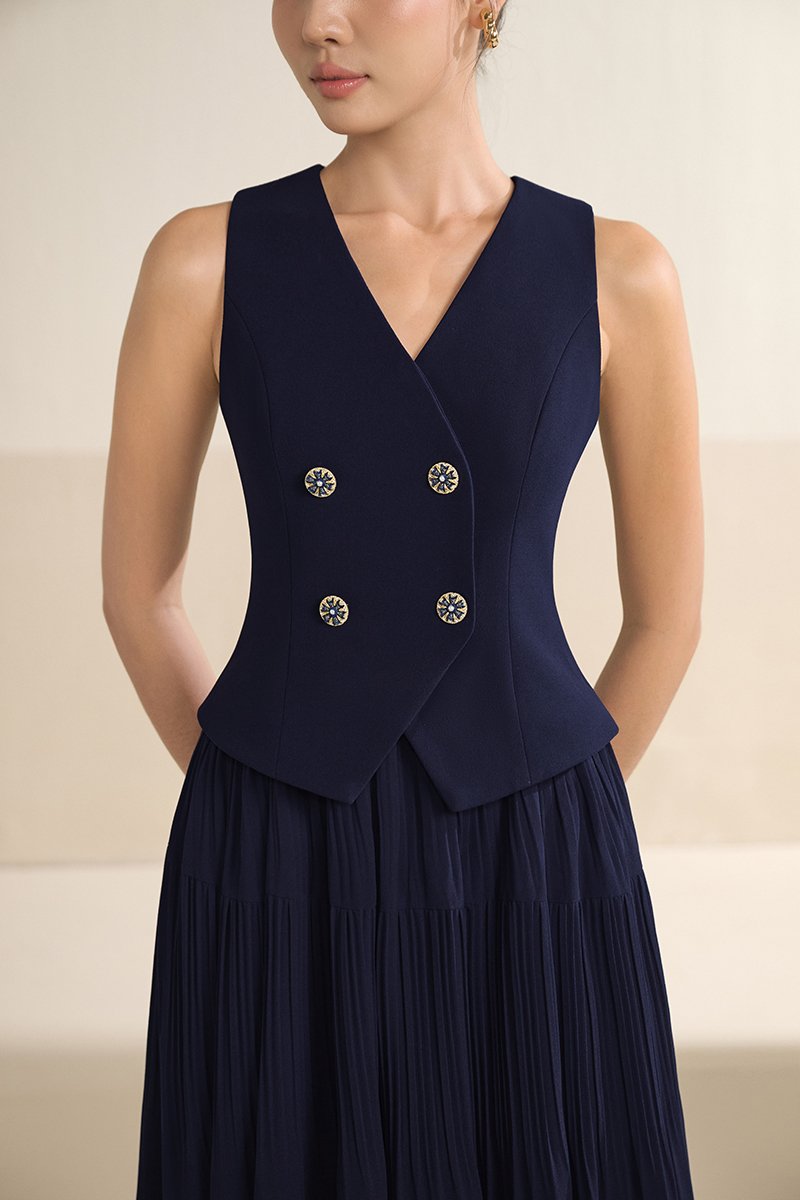 Paige V-Neck Midi Dress in Navy
