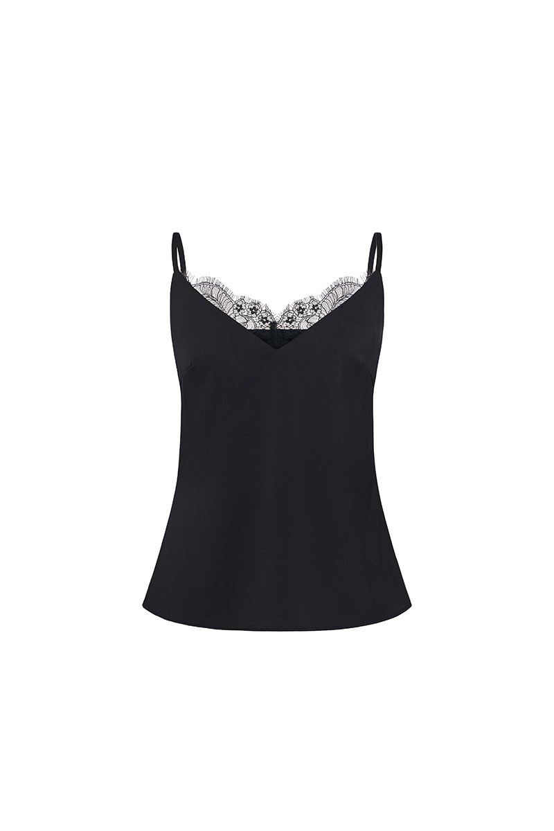 Violet Delicate Lace Silky Camisole in Classic Black