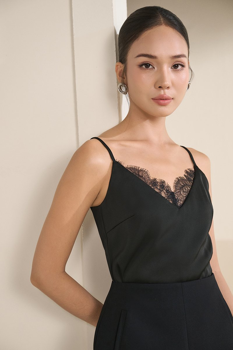 Violet Delicate Lace Silky Camisole in Classic Black