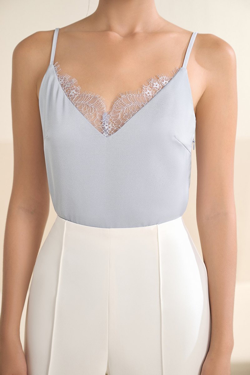 Violet Delicate Lace Silky Camisole in Icy Blue
