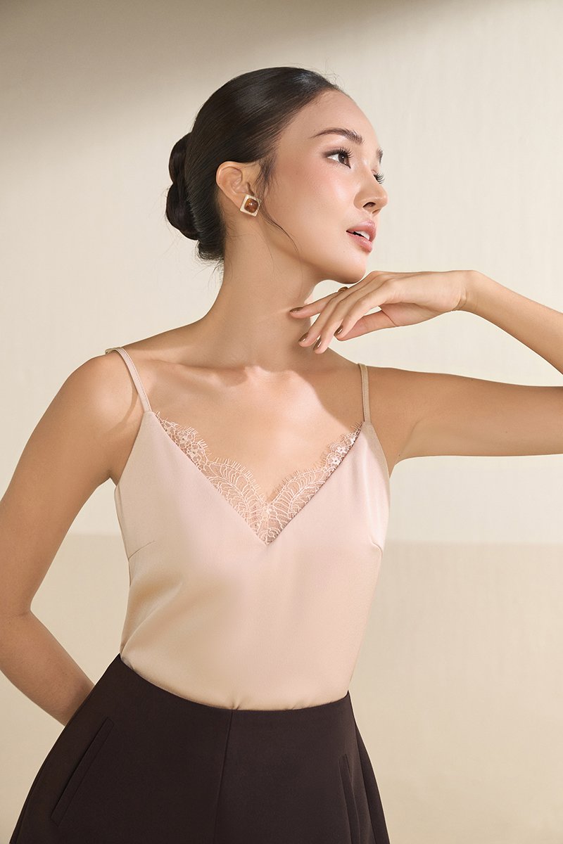 Violet Delicate Lace Silky Camisole in Nude Pink