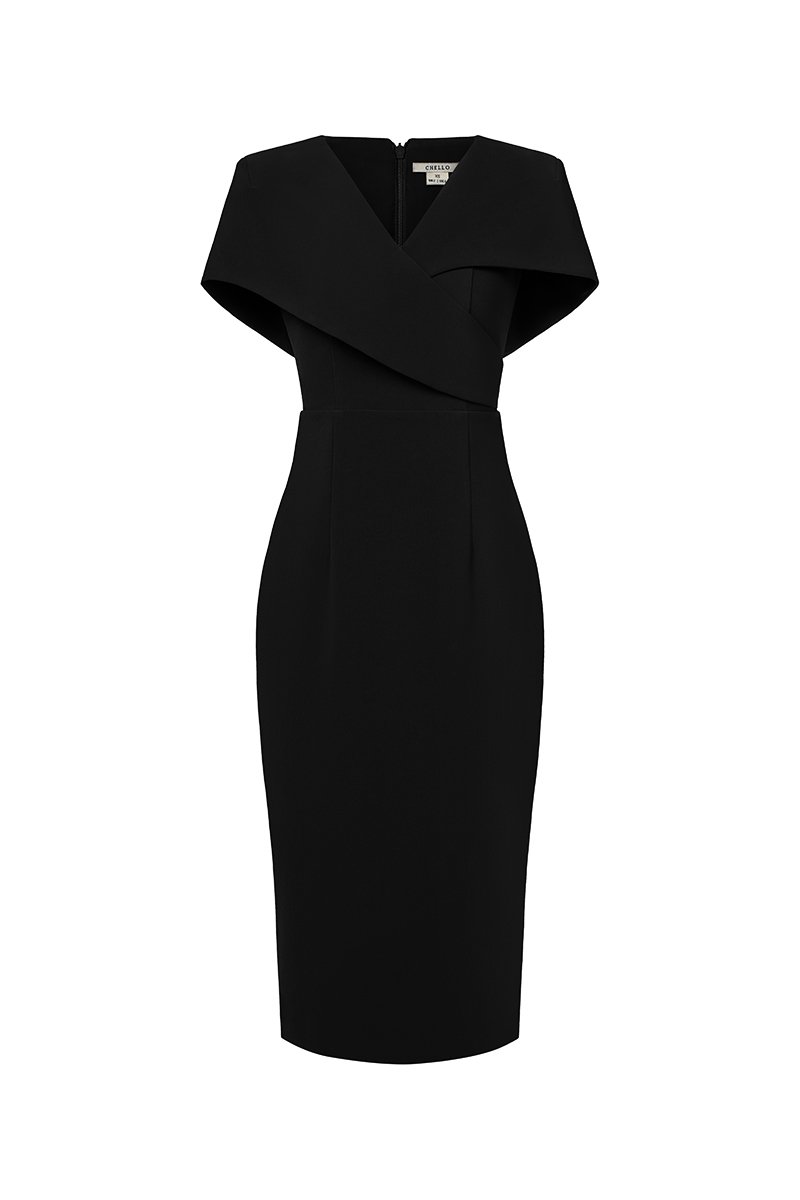 Vionnet Padded Cape Pencil Dress in Classic Black