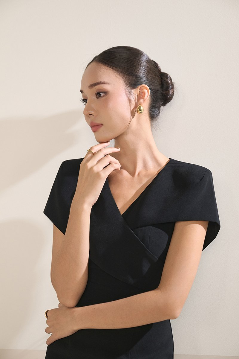 Vionnet Padded Cape Pencil Dress in Classic Black