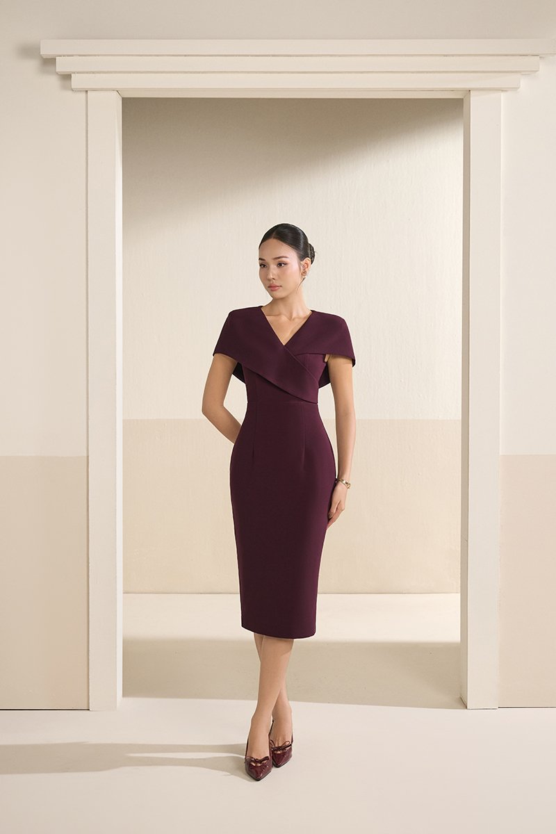 Vionnet Padded Cape Pencil Dress in Rosewood