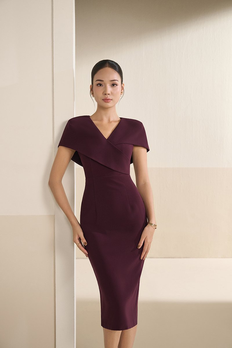 Vionnet Padded Cape Pencil Dress in Rosewood