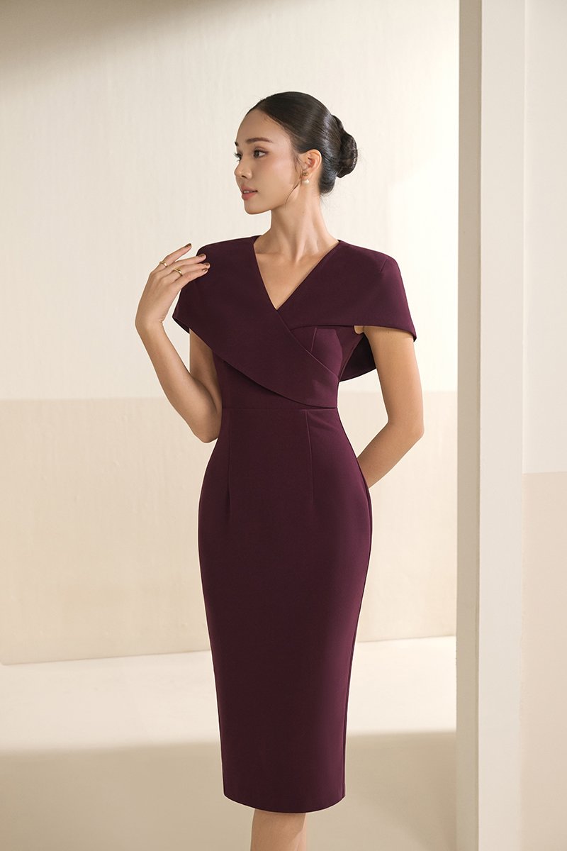 Vionnet Padded Cape Pencil Dress in Rosewood