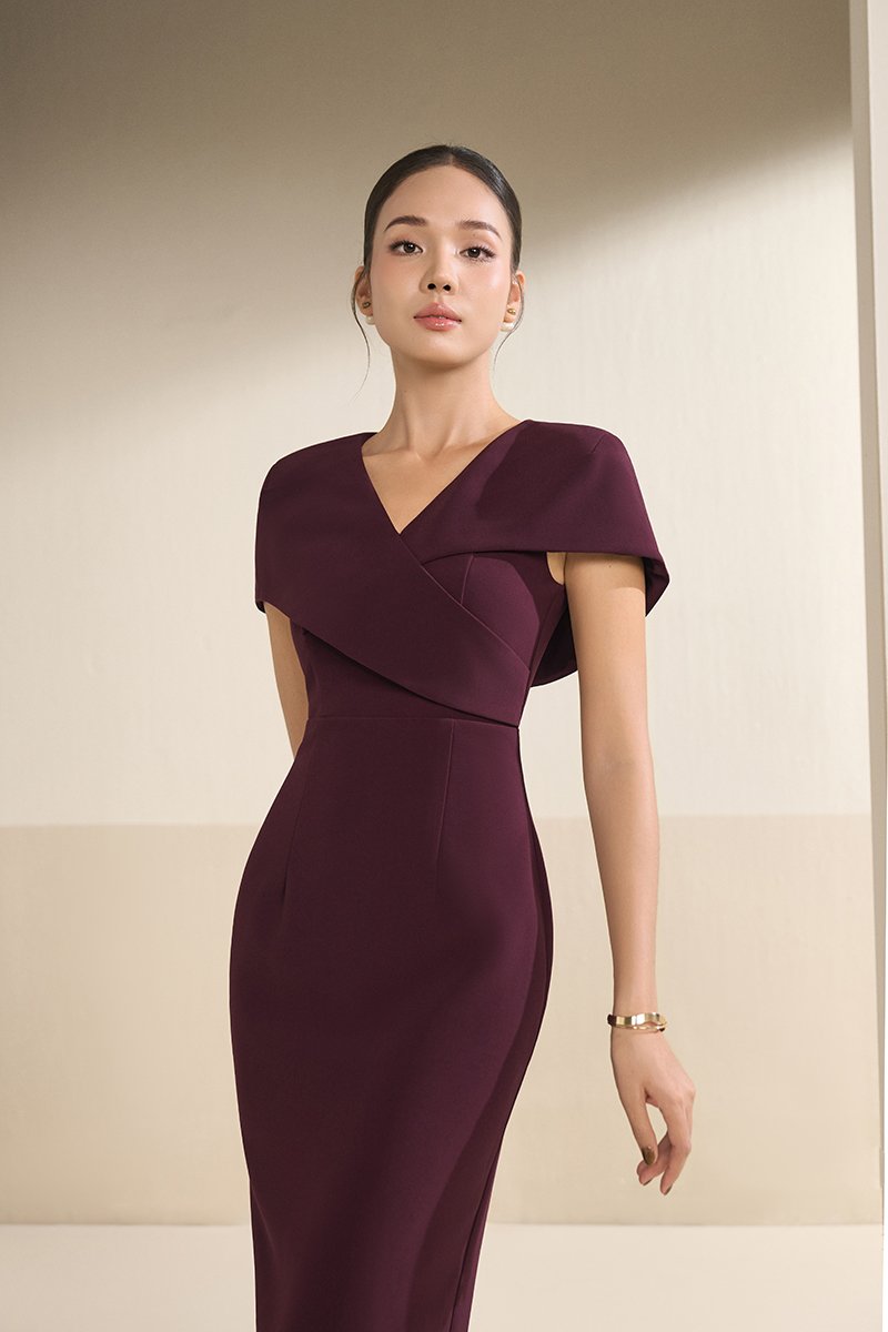 Vionnet Padded Cape Pencil Dress in Rosewood