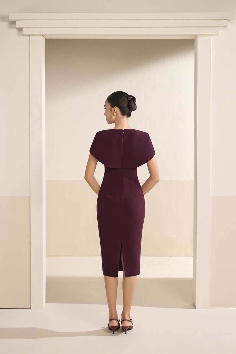 Vionnet Padded Cape Pencil Dress in Rosewood