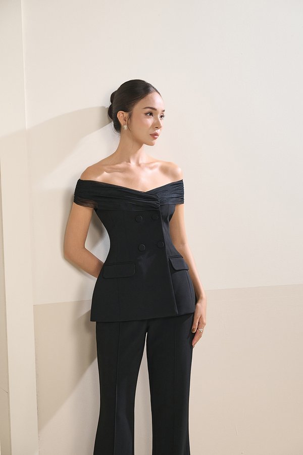 Alodia Mesh Off Shoulder Tailored Top in Classic Black