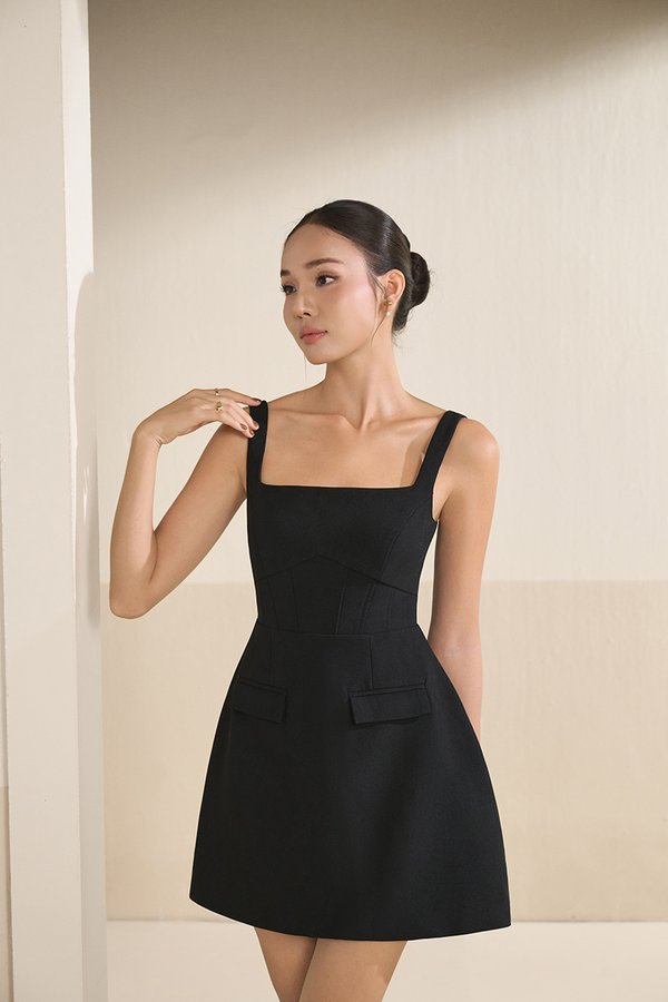 Caelia Padded Romper Dress in Classic Black