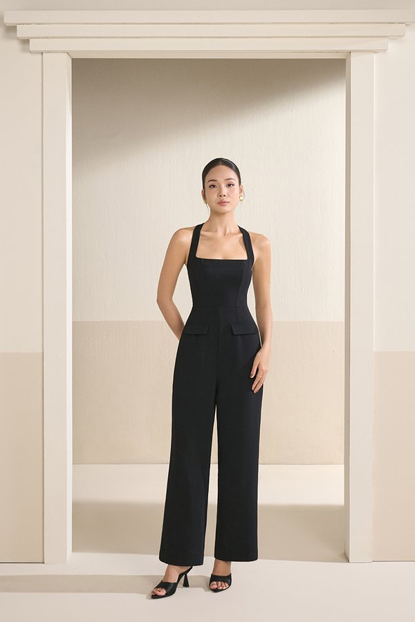 Geneva Padded Halter Tailored Jumpsuit in Classic Black