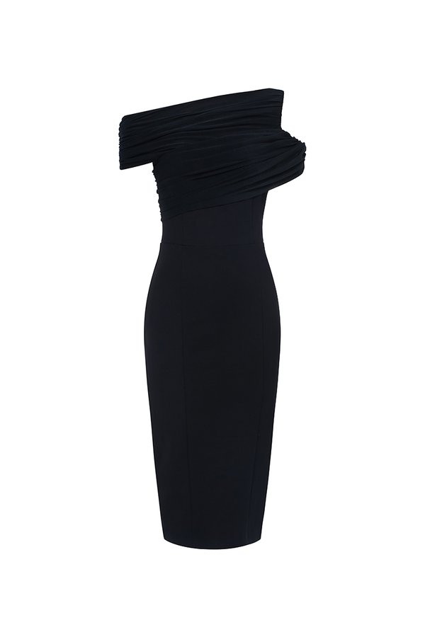 Odelia Padded Asymmetrical Drape Pencil Dress in Classic Black