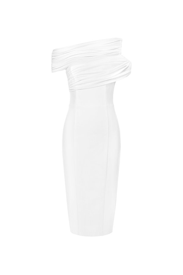 Odelia Padded Asymmetrical Drape Pencil Dress in Iconic White