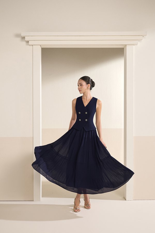 Paige V-Neck Midi Dress in Navy