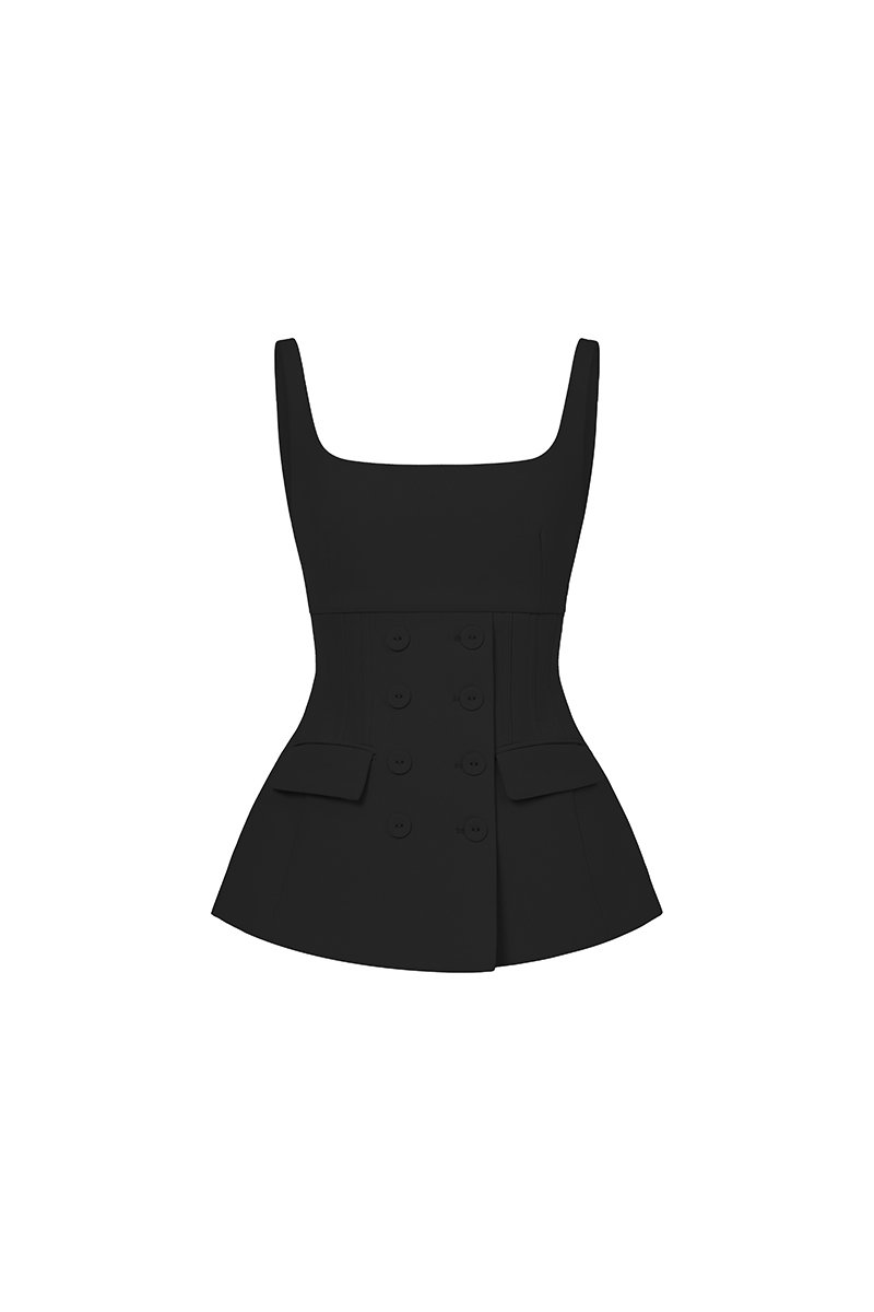 Calina Padded Scoop Neck Tailored Top in Classic Black