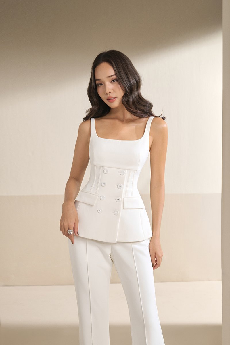 Calina Padded Scoop Neck Tailored Top in Iconic White