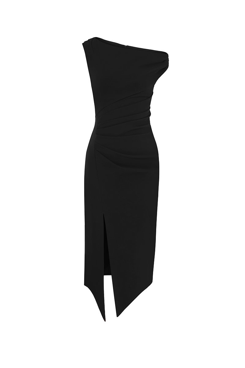 Chiara Padded Asymmetrical Pencil Dress in Classic Black