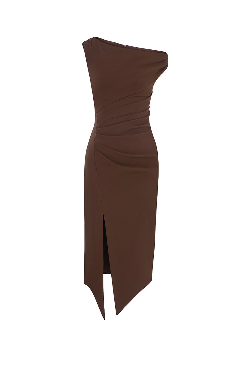 Chiara Padded Asymmetrical Pencil Dress in Saddle Brown