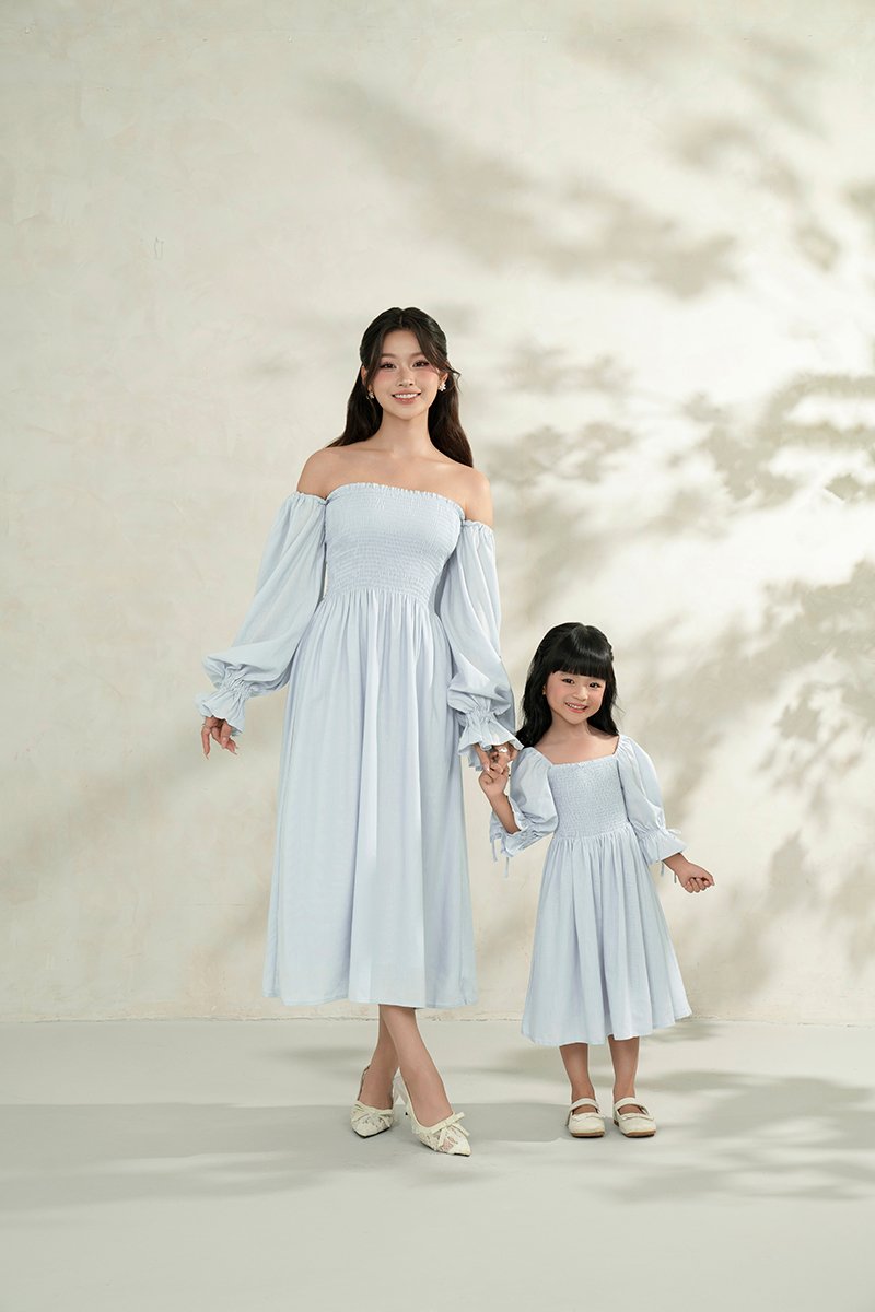 Emme Smocked Long Puff Sleeve Maxi Dress in Baby Blue