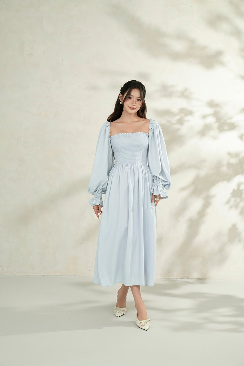 Emme Smocked Long Puff Sleeve Maxi Dress in Baby Blue