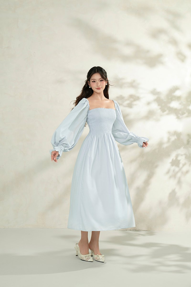 Emme Smocked Long Puff Sleeve Maxi Dress in Baby Blue
