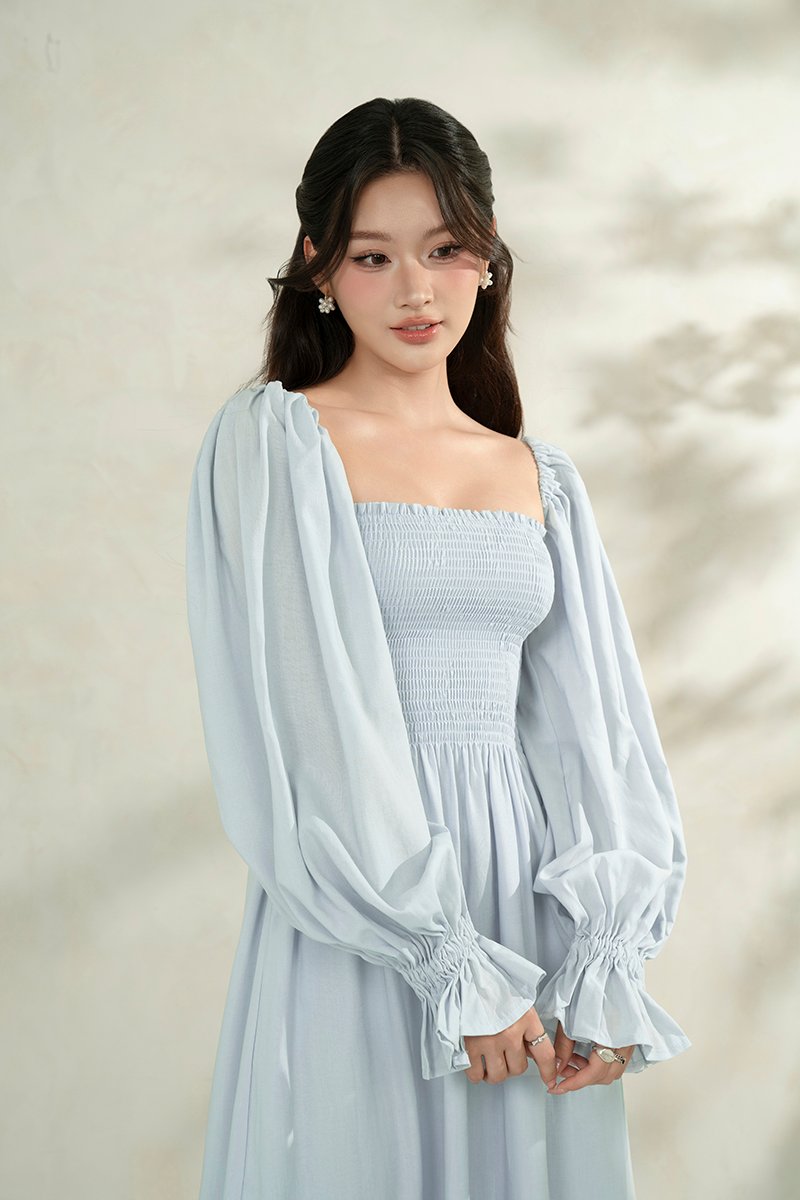Emme Smocked Long Puff Sleeve Maxi Dress in Baby Blue