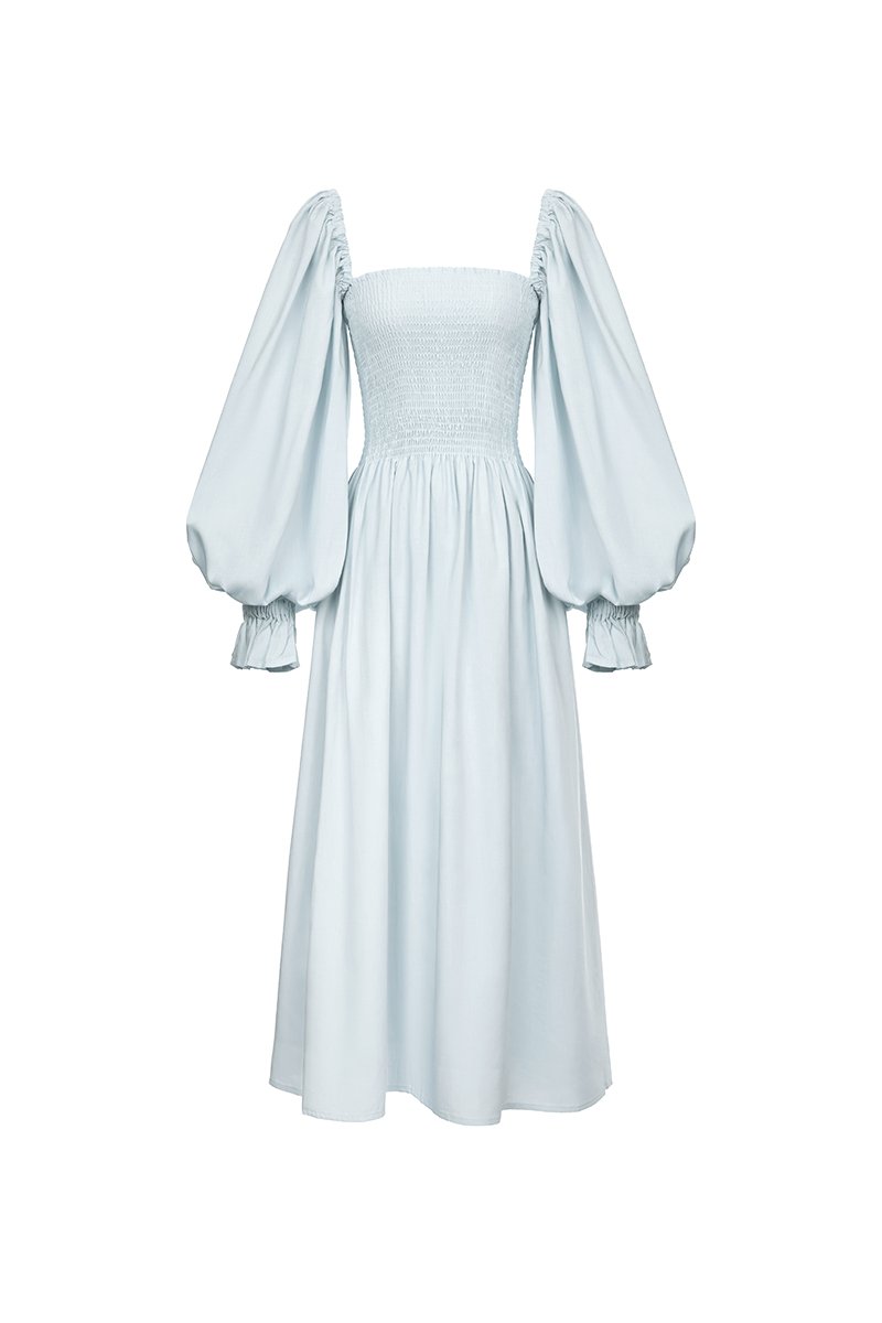 Emme Smocked Long Puff Sleeve Maxi Dress in Baby Blue