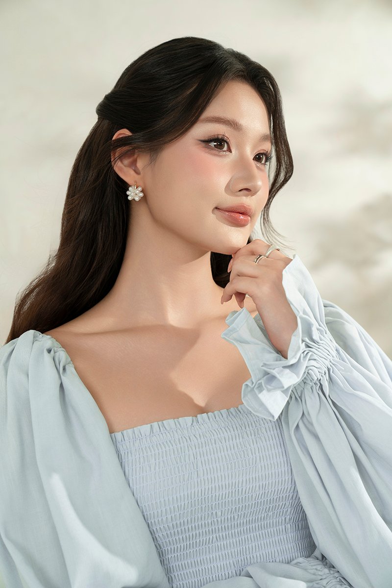 Emme Smocked Long Puff Sleeve Maxi Dress in Baby Blue