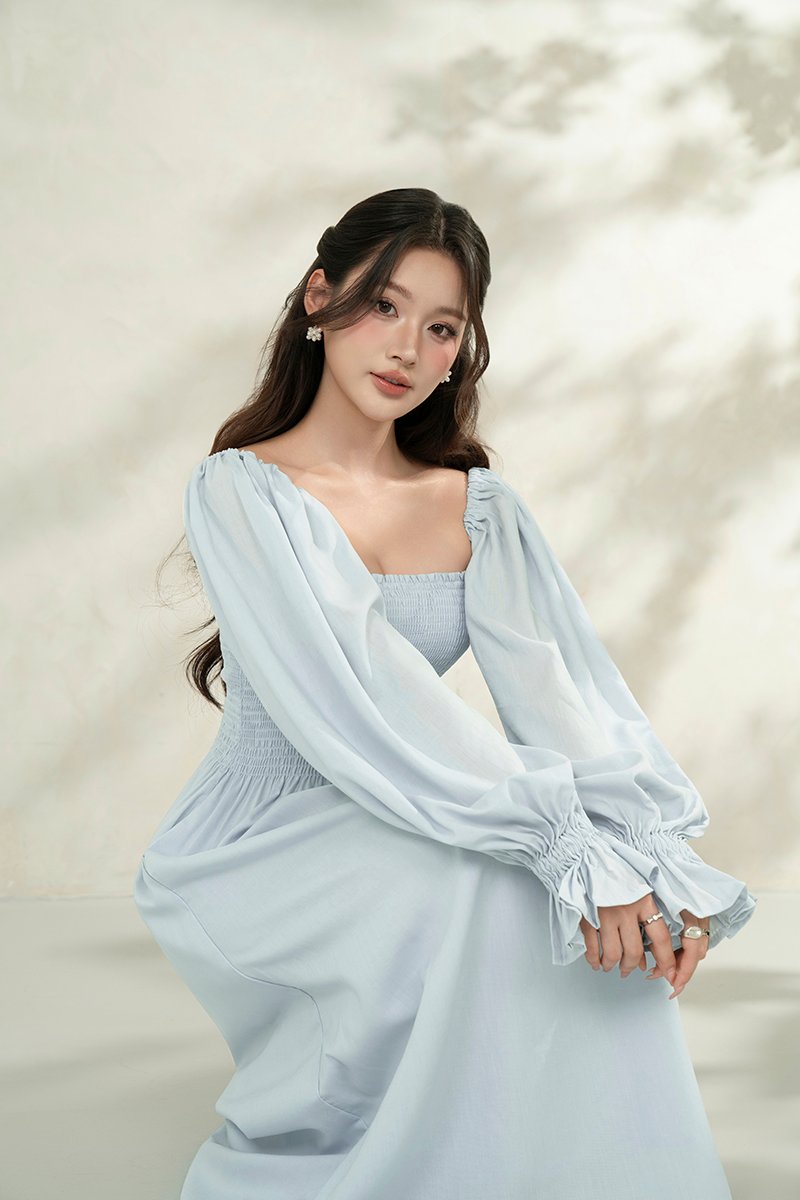 Emme Smocked Long Puff Sleeve Maxi Dress in Baby Blue