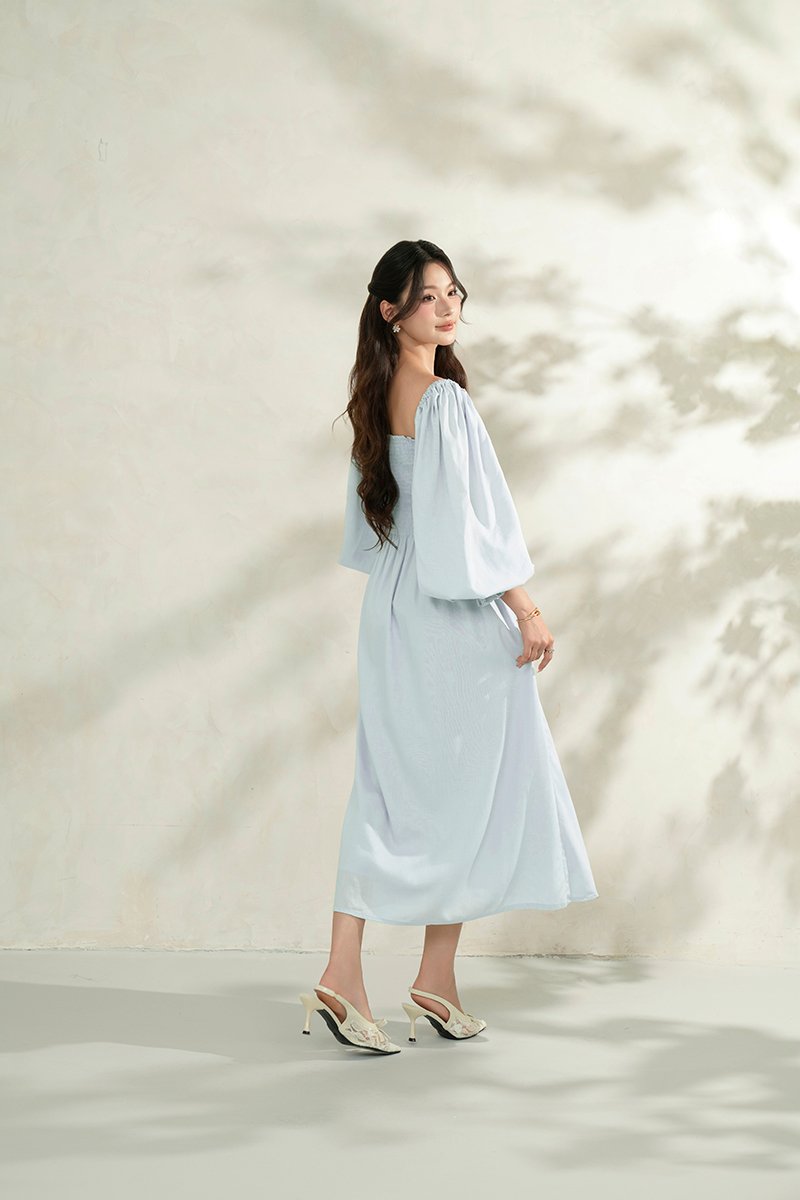 Emme Smocked Long Puff Sleeve Maxi Dress in Baby Blue