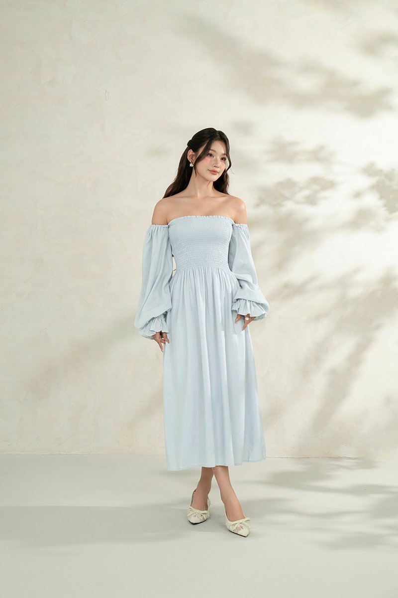Emme Smocked Long Puff Sleeve Maxi Dress in Baby Blue