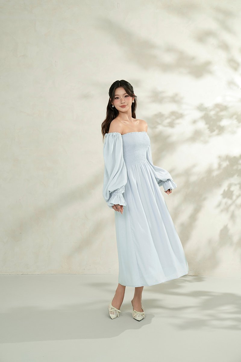 Emme Smocked Long Puff Sleeve Maxi Dress in Baby Blue