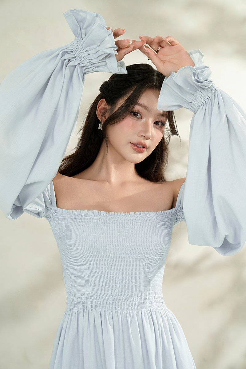 Emme Smocked Long Puff Sleeve Maxi Dress in Baby Blue