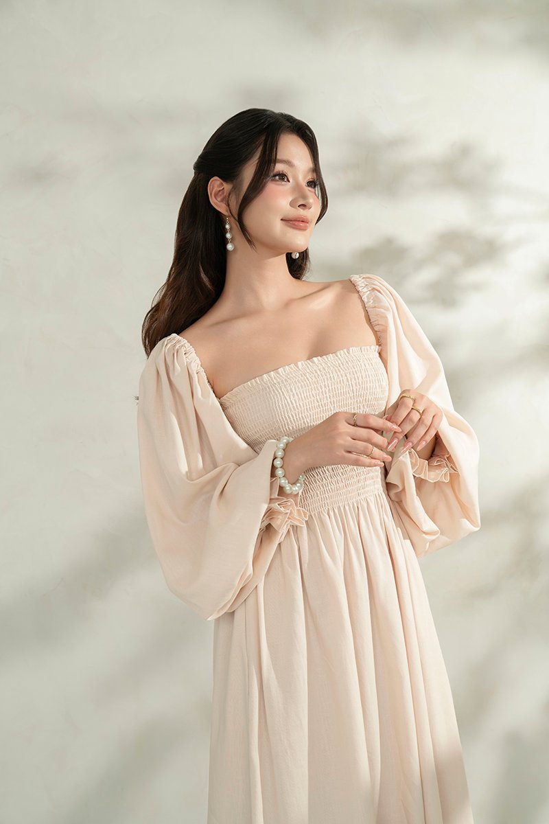 Emme Smocked Long Puff Sleeve Maxi Dress in French Cream