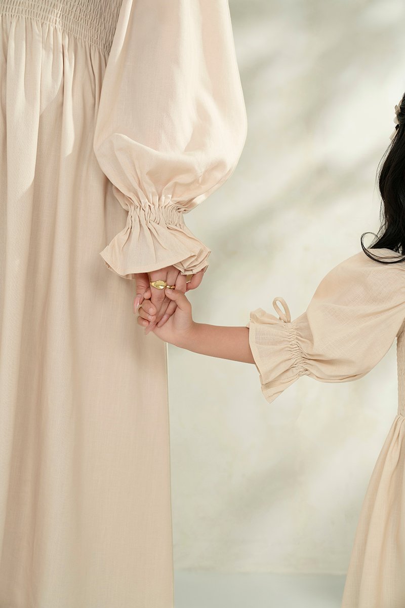 Emme Smocked Long Puff Sleeve Maxi Dress in French Cream